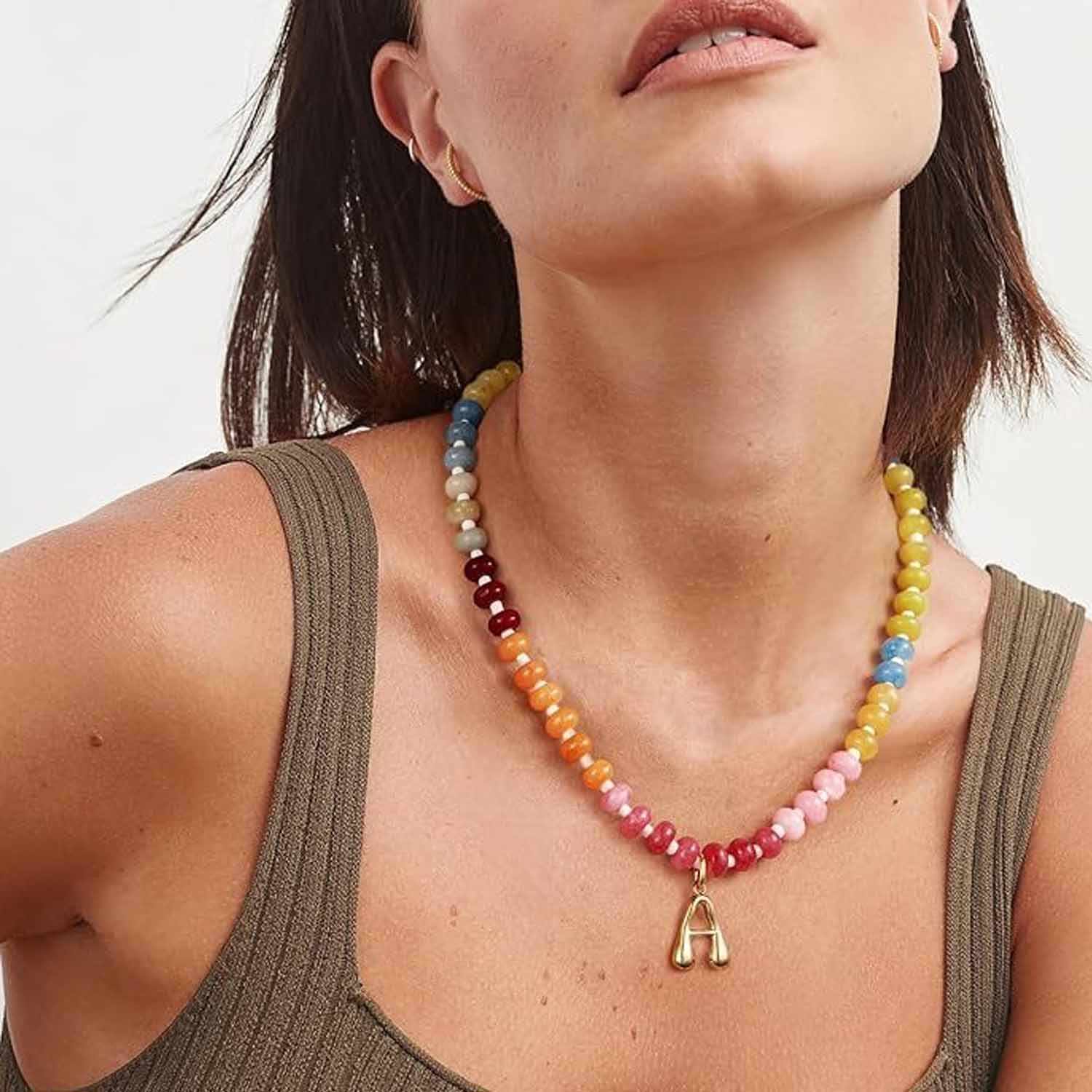 14K Letter Pendant Necklace Colorful Beaded Choker 8