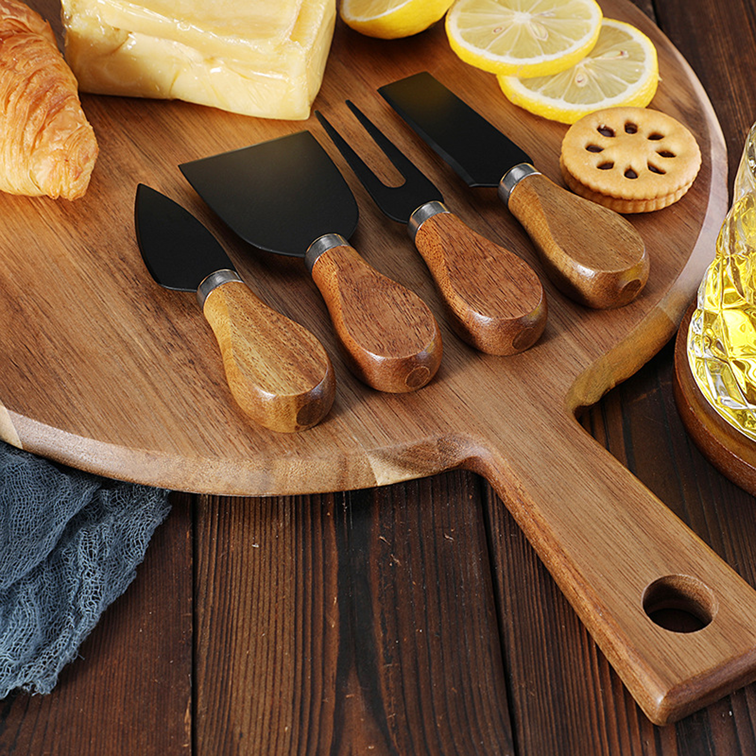 Wood Round Cheese Board Set W/ 4 Stainless Steel Knives 4