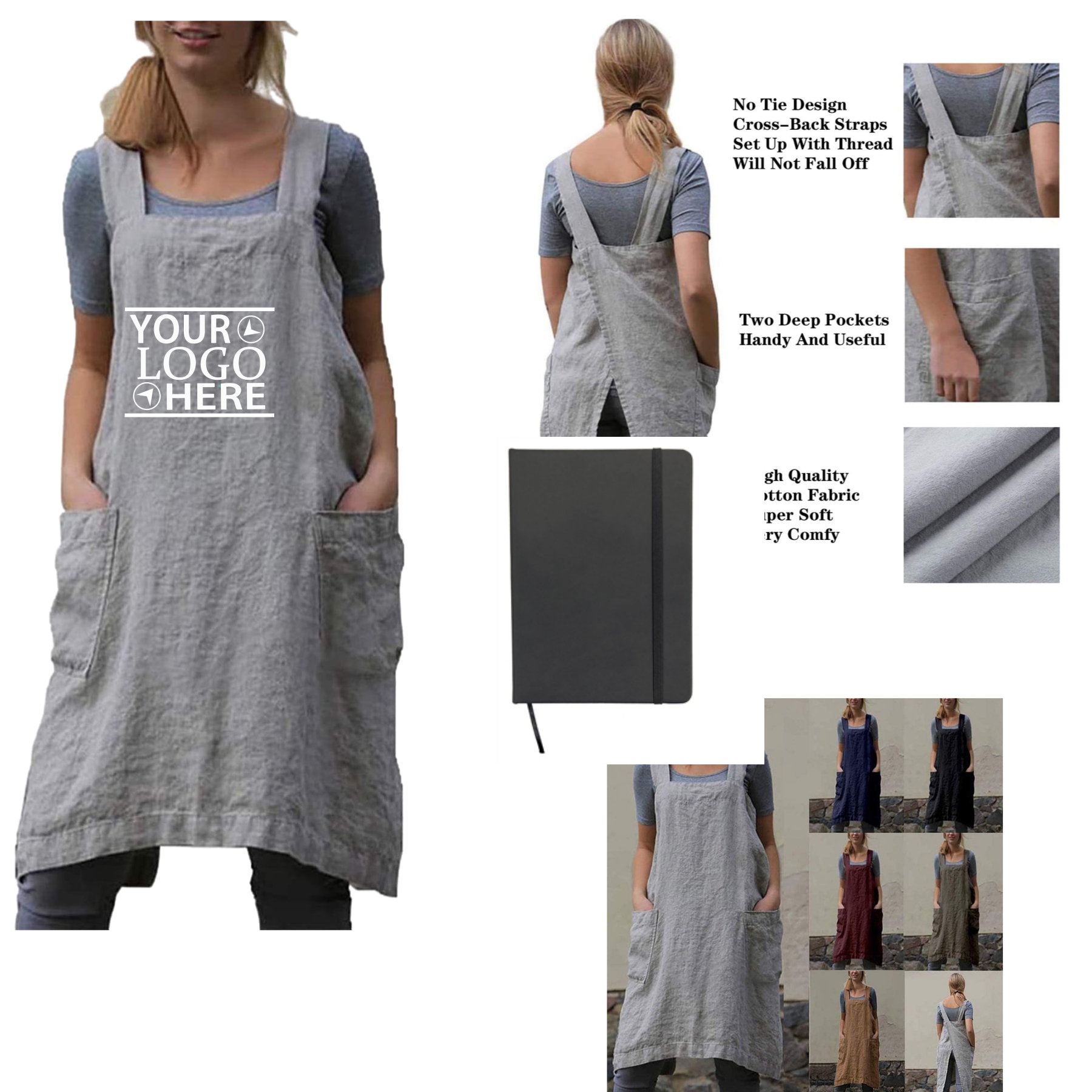 Cotton Linen Apron Cross Back Apron for Women with Pockets Pinafore Dress for Baking Cooking 2