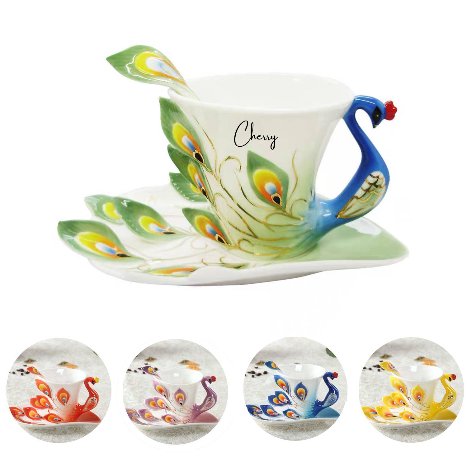 Enamel china peacock coffee cup and saucer tea set 2