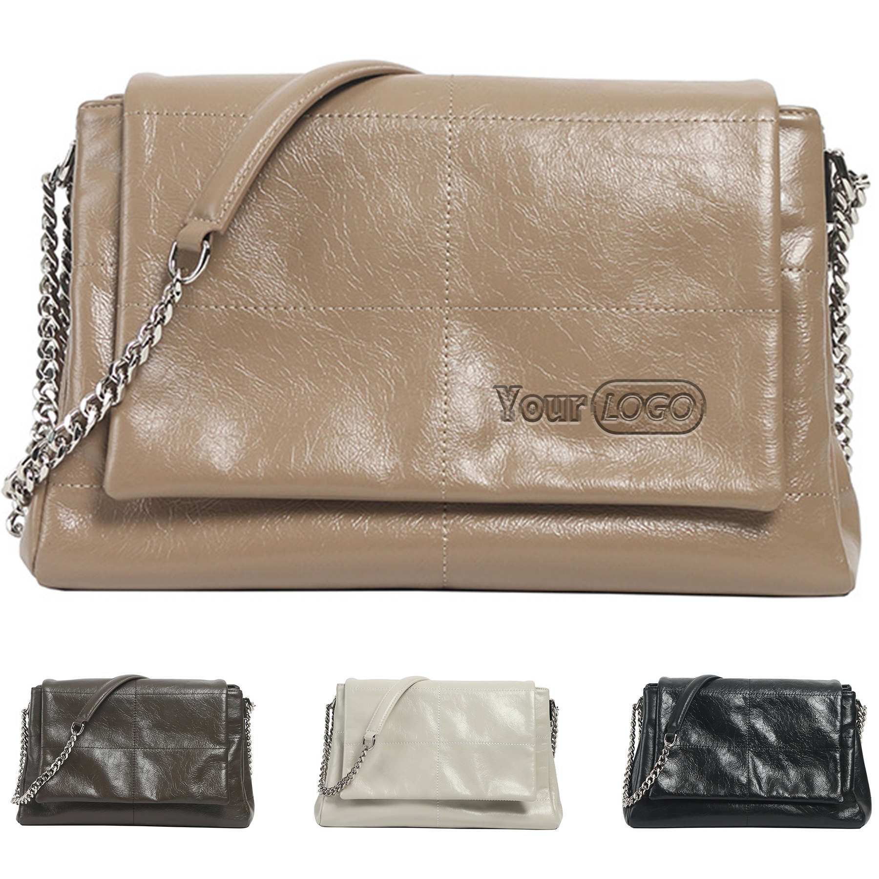 Genuine?Leather Shoulder bag with Hardware Chain 2