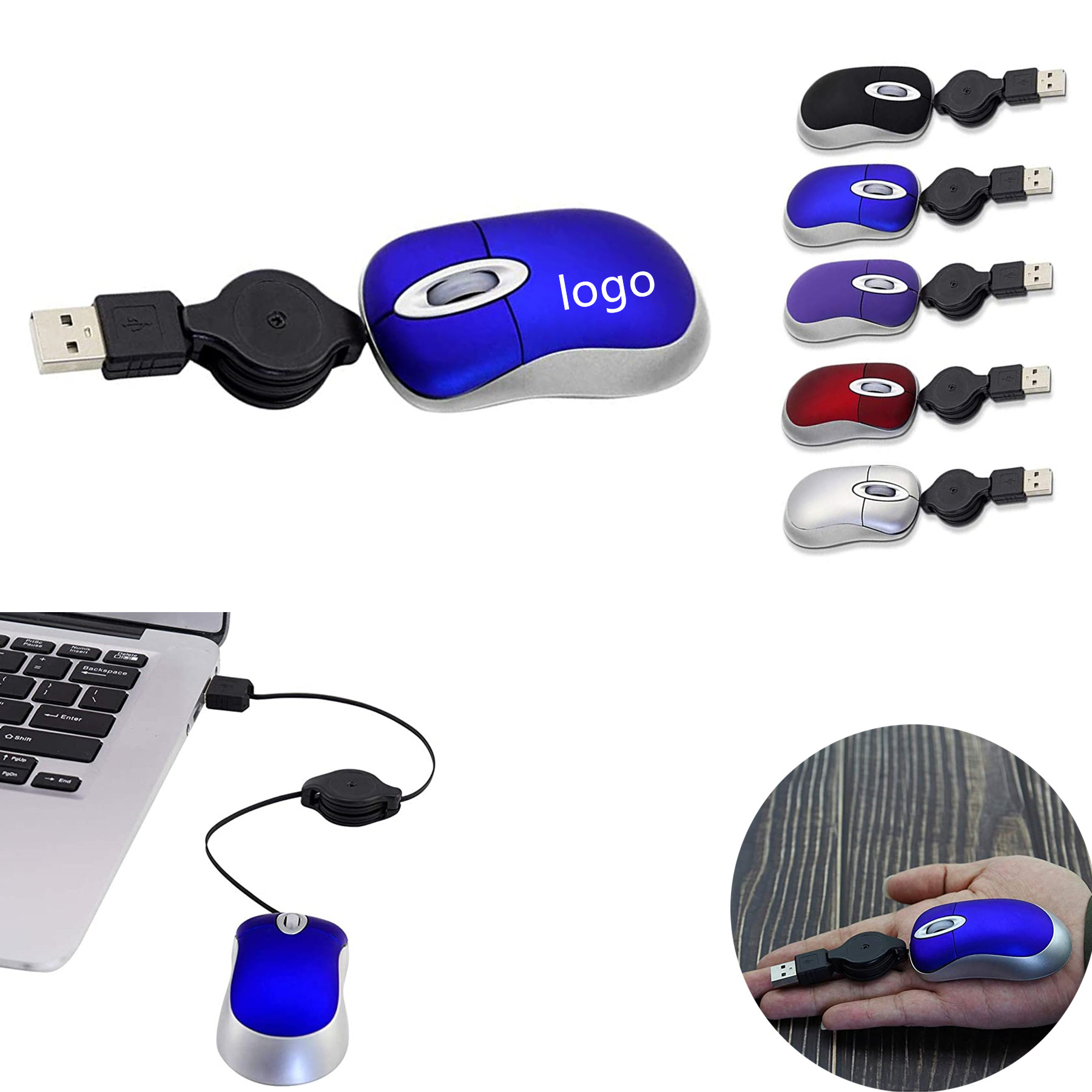 Mini Travel Optical USB Wired Mouse with Retractable Cord 2