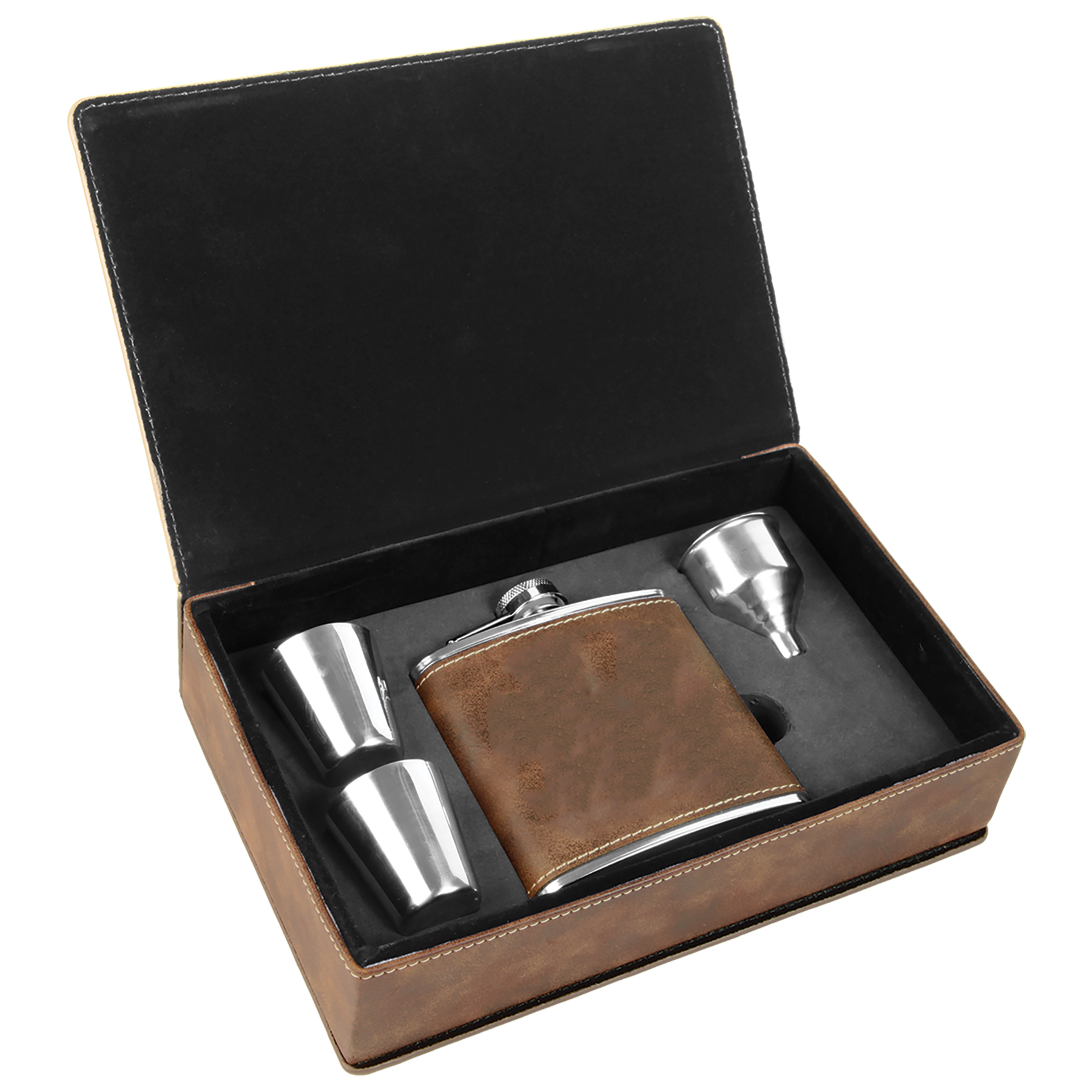 Stainless Steel Rustic/Gold Leatherette Flask Gift Set 2