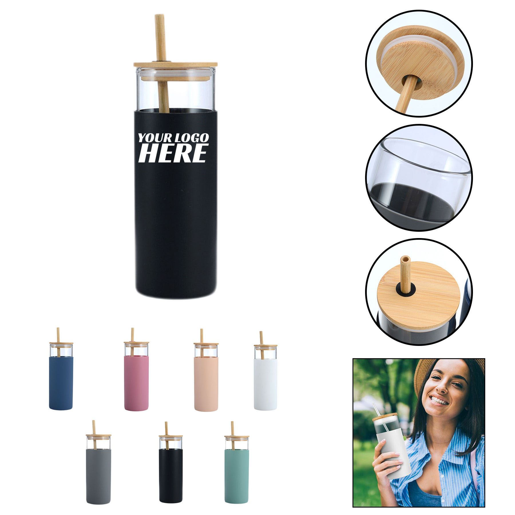 Straw Tumbler Bamboo Lid Glass Bottle 2