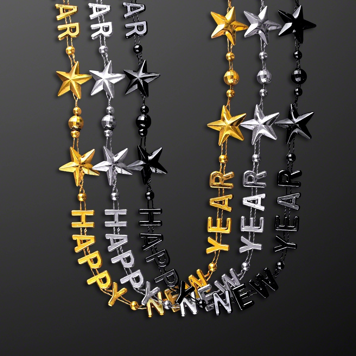 Happy New Year Party Beads in Black, Silver & Gold 2