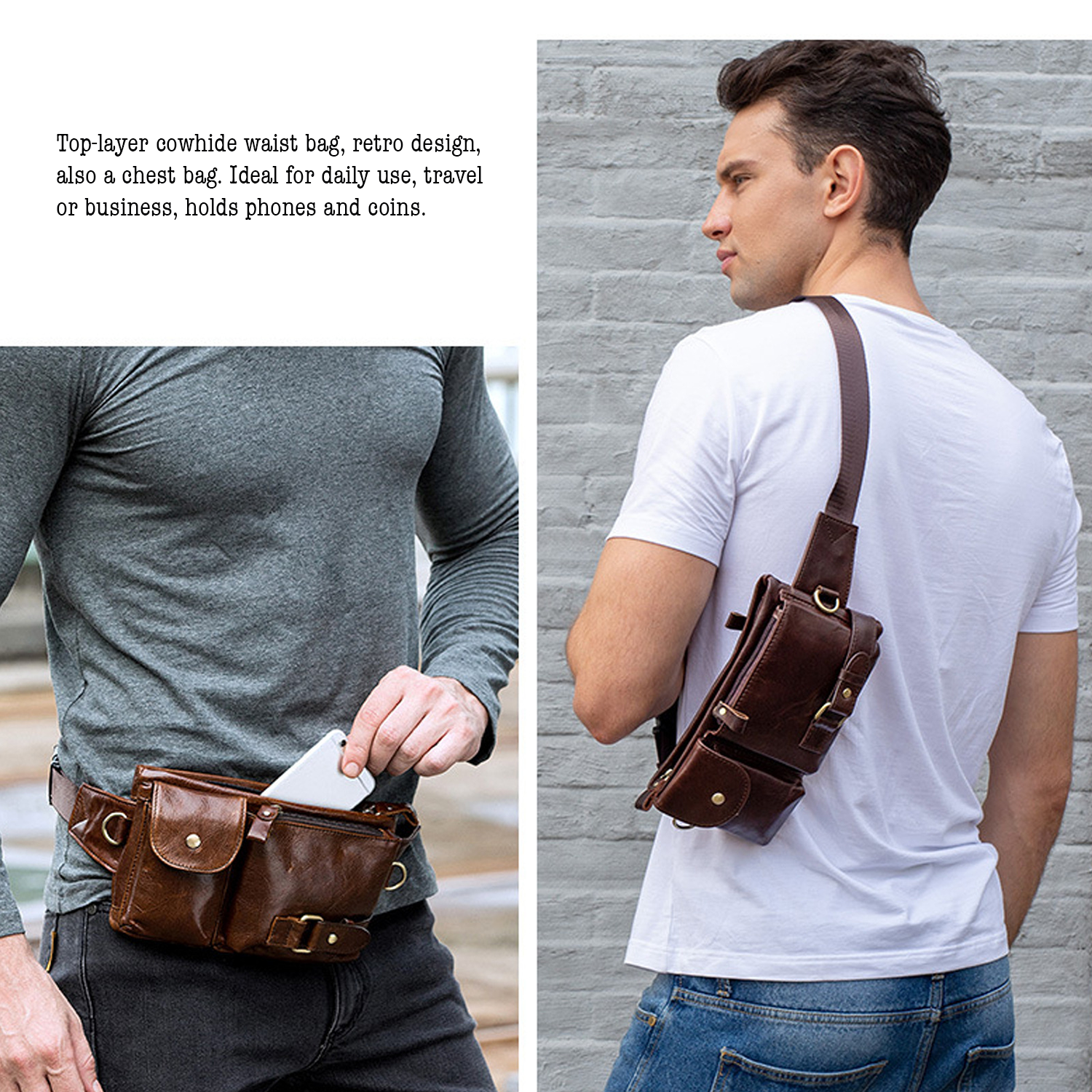 Custom Top-Layer Cowhide Leather Fanny Pack 6