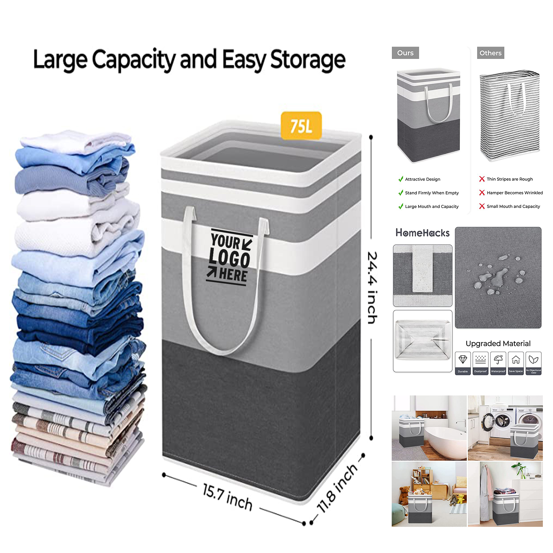 15.7 x 11.8 x 24.4 Inches Waterproof Freestanding Laundry Hamper