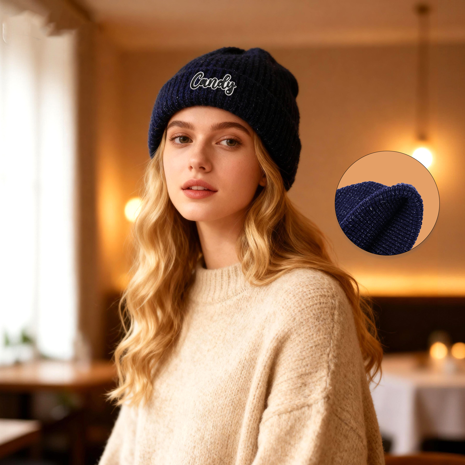Shiny Waffle Knit Cuffed Beanie (Unisex) 7
