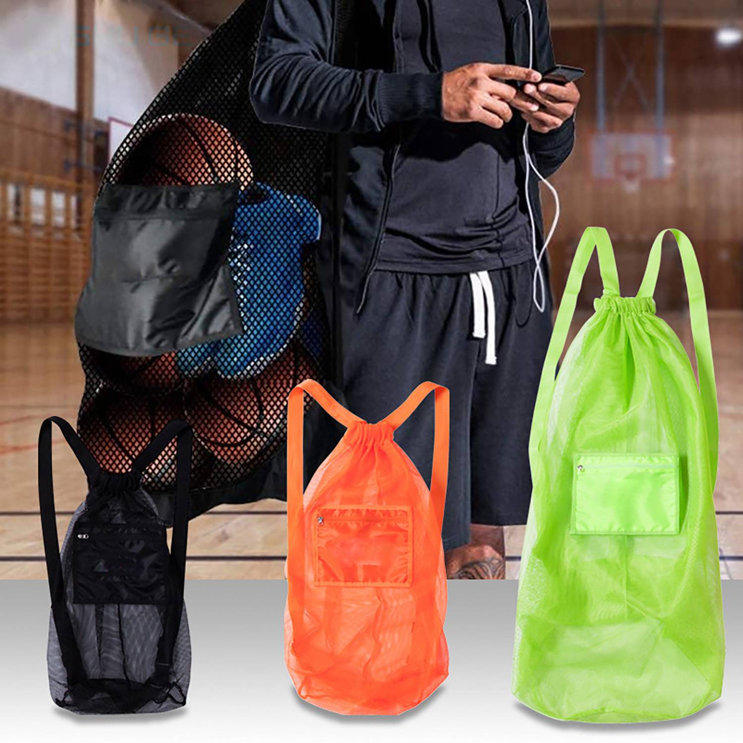 Sport Mesh Drawstring Backpack w/ Zipper Pocket 9