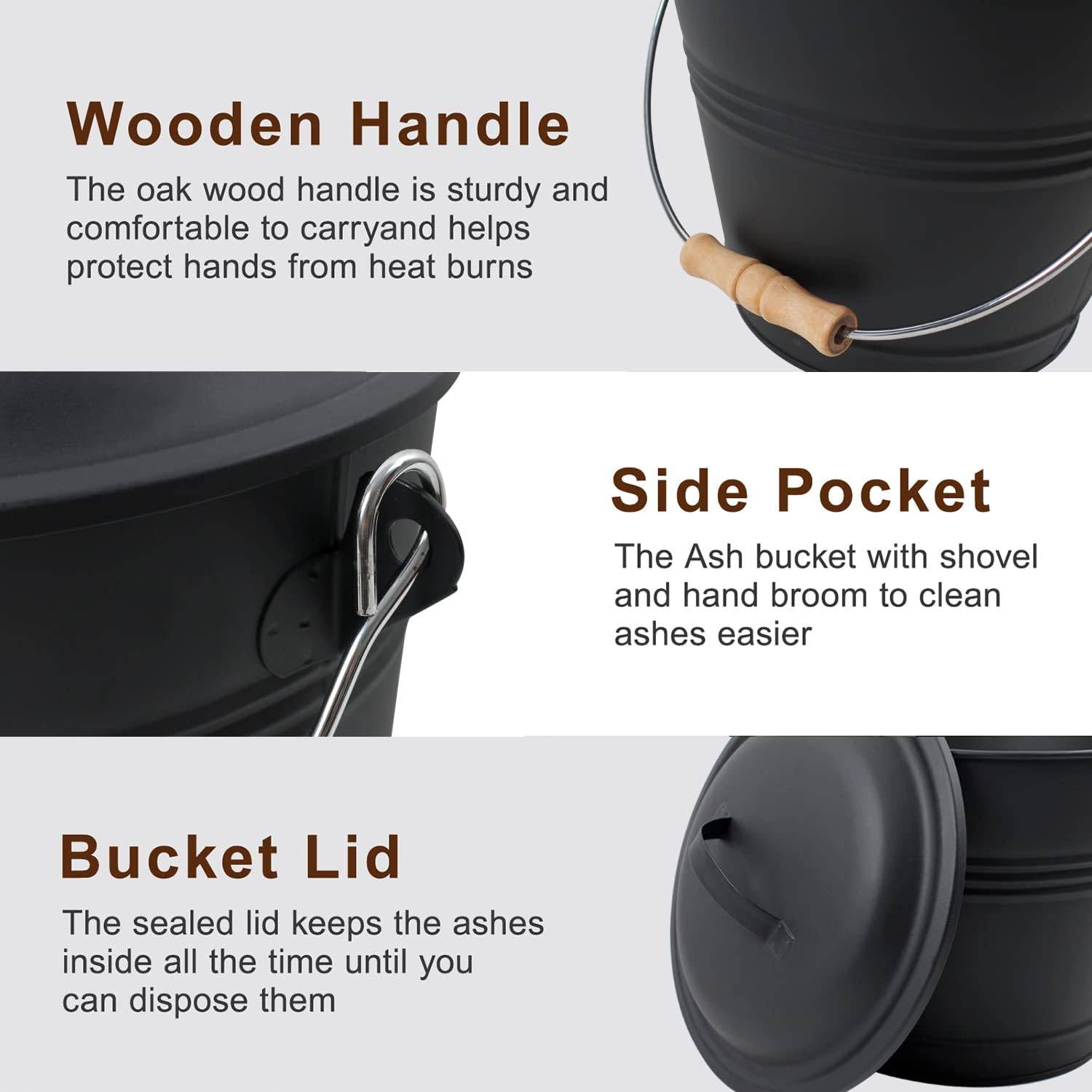 Mini Fireplace Ash Bucket Set w/ Lid, Brush & Shovel 6