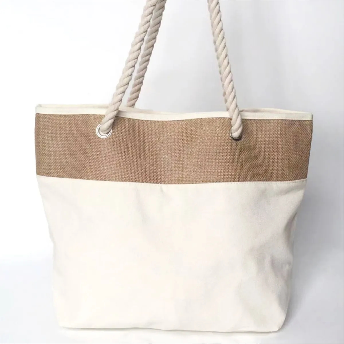 Canvas Jute Beach Grocery Tote Bag With Rope Handles, custom tote bag with logo imprint 5