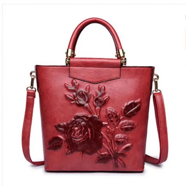 Embossed Floral Leather Handbag 4