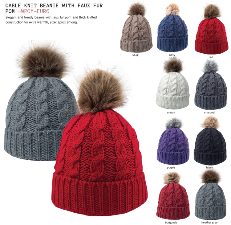Cable Knit Beanie w/Faux Fur Pom 10