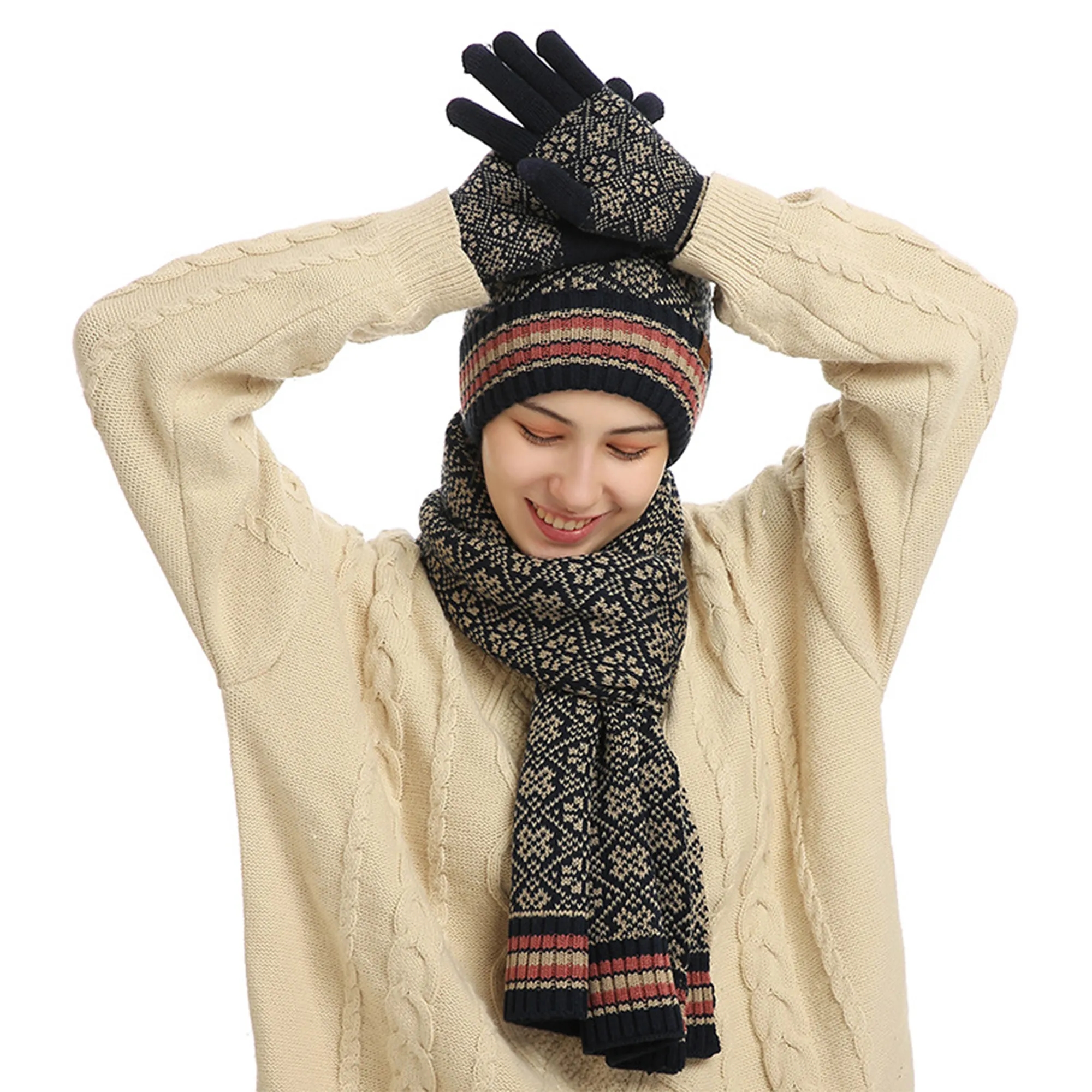 Fleece Lined Winter Hat Scarf Gloves Set 2