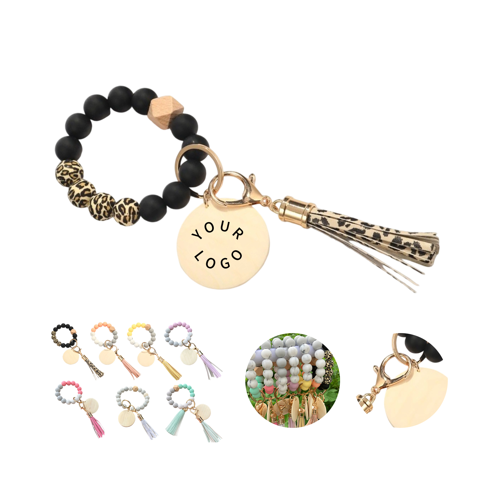 Silicone Bead Wood Bracelet Keychain With Laser Engraving 3