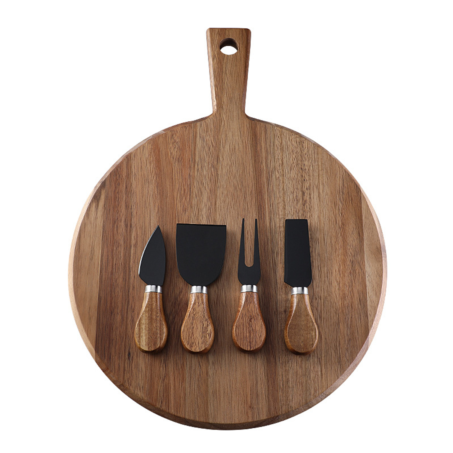 Wood Round Cheese Board Set W/ 4 Stainless Steel Knives 8