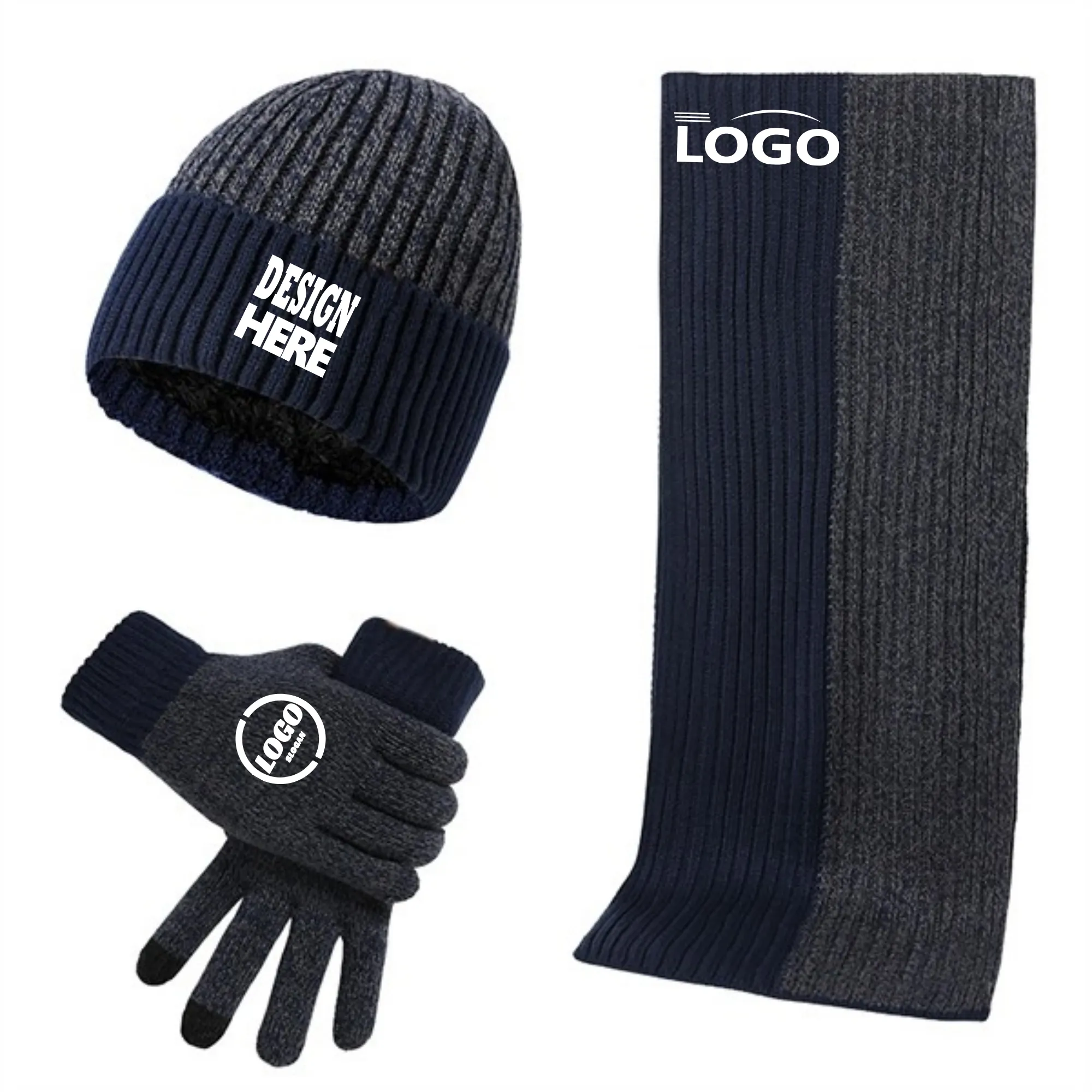 Winter 3 in 1 Set Jacquard Gloves Knitted Beanie Hat Scarf 2