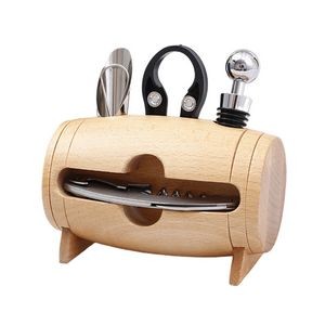 4 In 1 Wooden Barrel Wine Opener With Corkscrew Serrated Blade 11