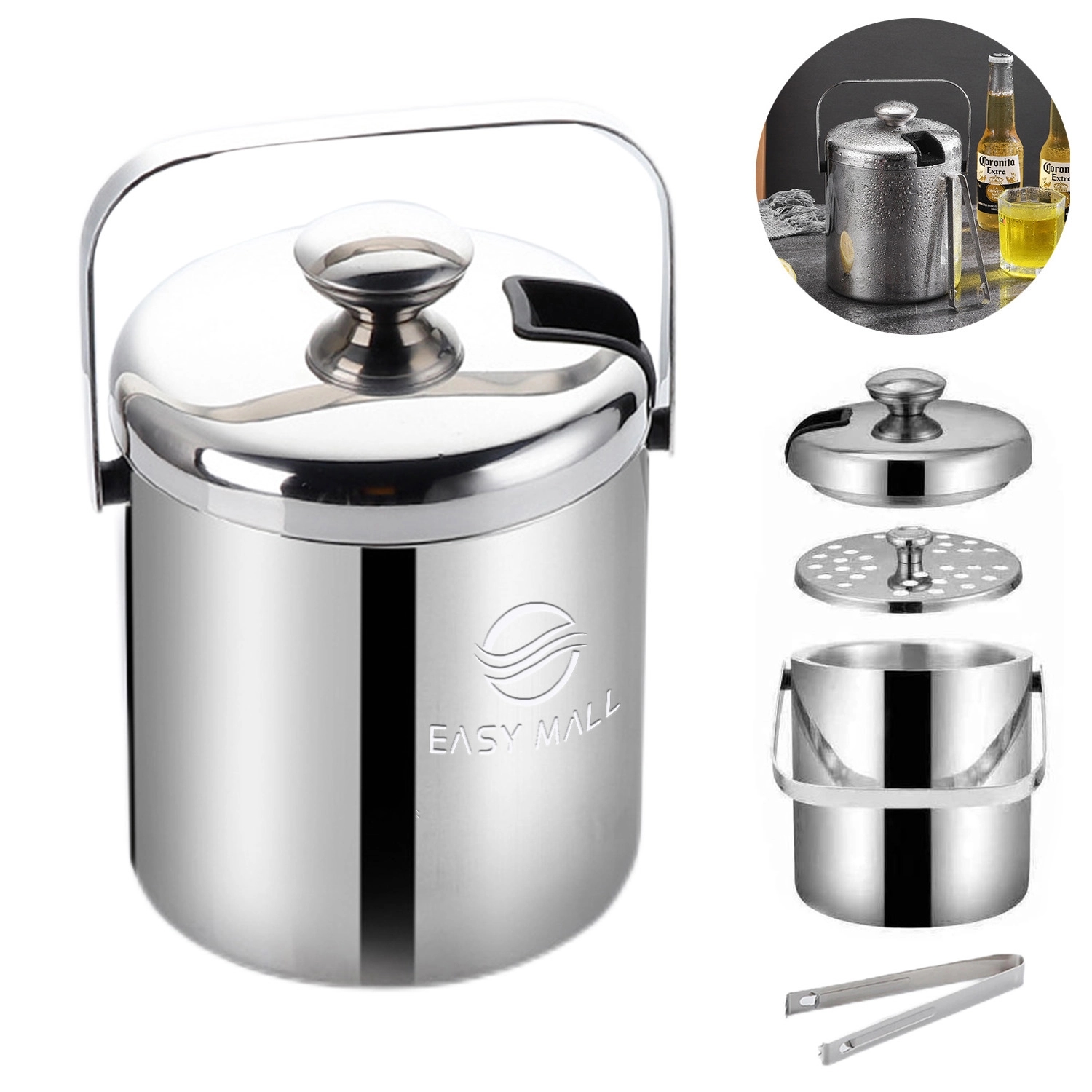 102 Oz Stainless Steel Ice Bucket With Lid & Tongs 1