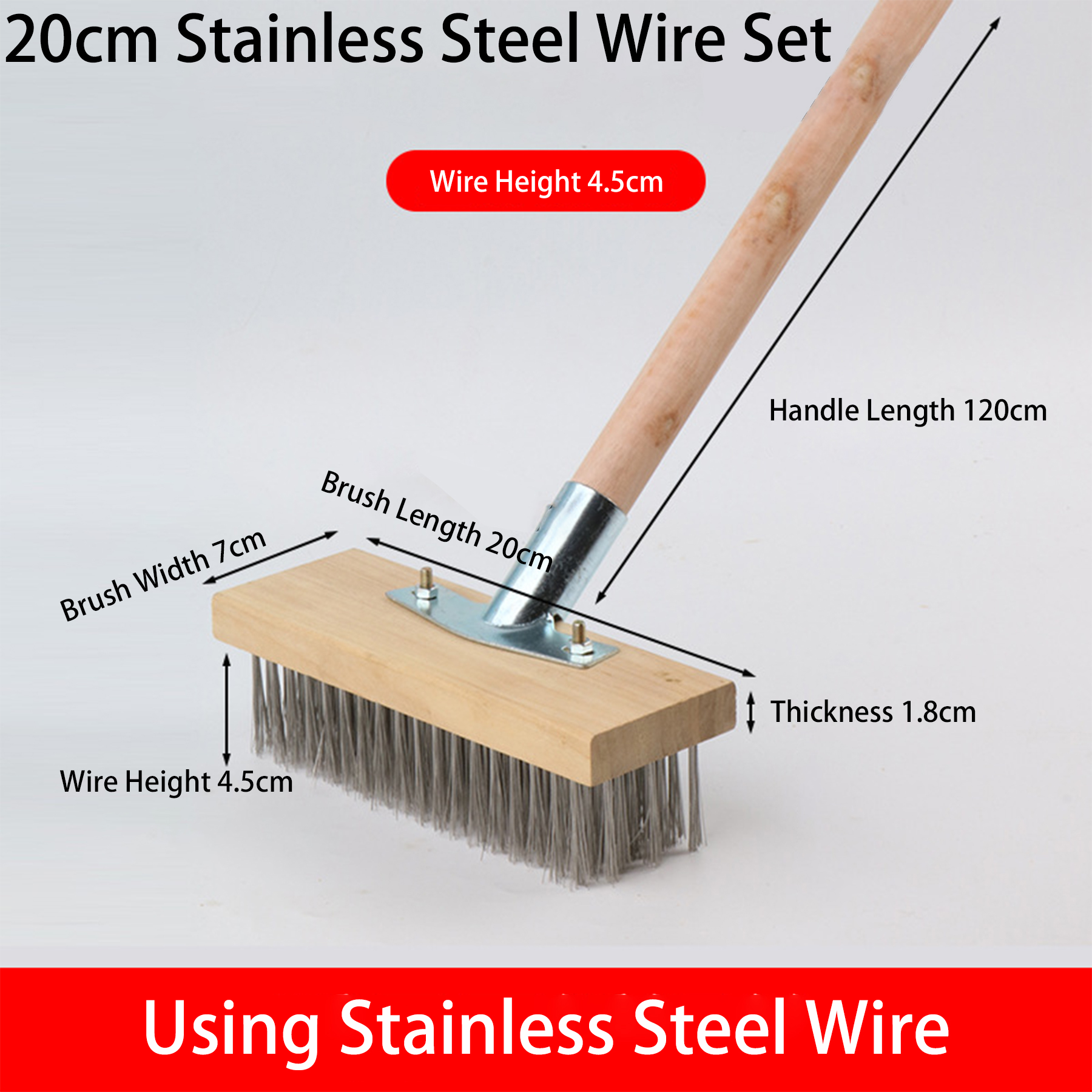 7 7/8" Stainless Steel Wire Deck Brush with Wooden Back and Galvanized Steel Wire 7 inch 2