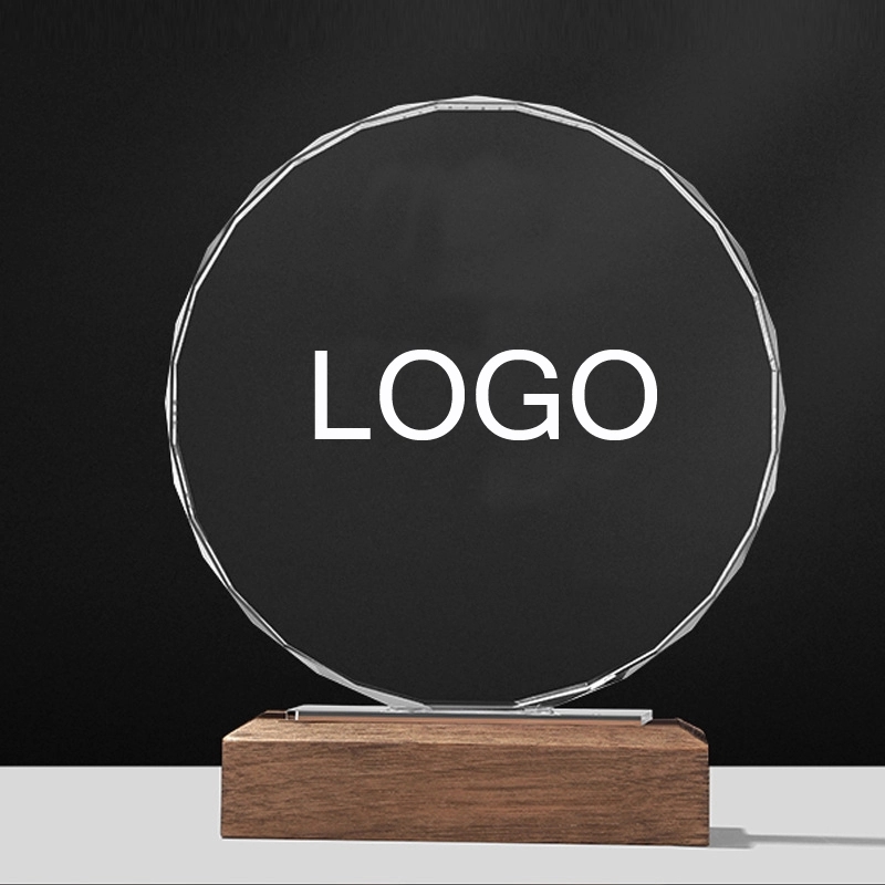 Round Faceted Crystal Award on Wood Base 1