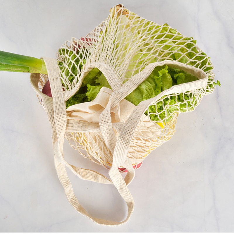 Vegetable Kitchen Cotton Net Bag w/Long Handle String & Pocket 6