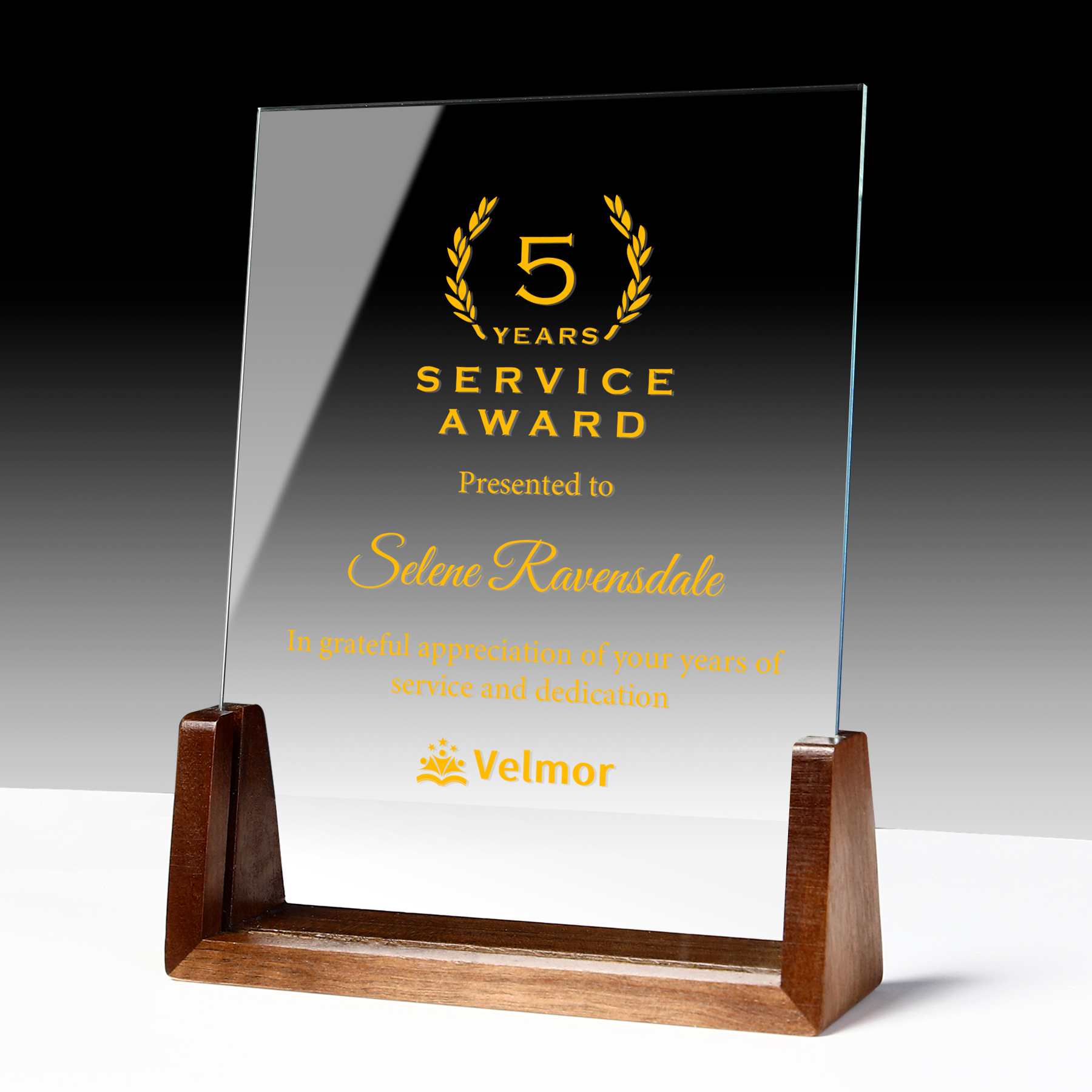 Personalized Clear Glass Crystal Award Plaque With Wooden Base 4