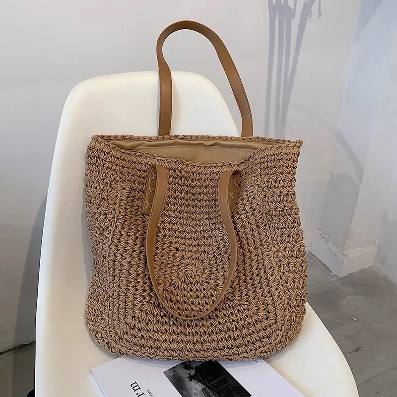 Retro Natural Straw Bag Hand Woven PU Handle Handbags 2