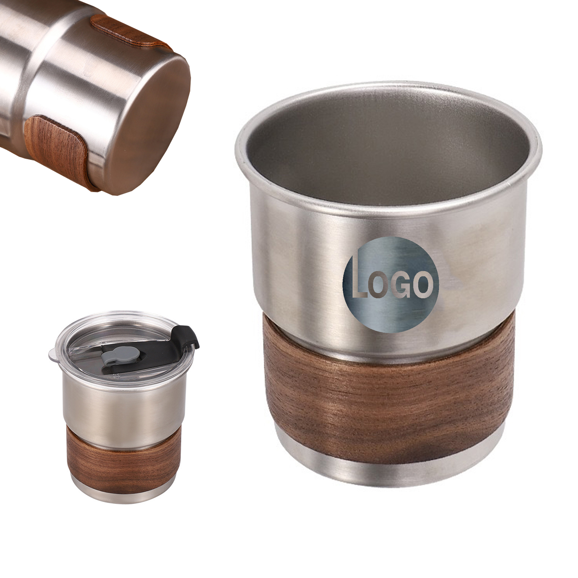 Stainless Steel Cup with Walnut Wood Sleeve and Lid 6