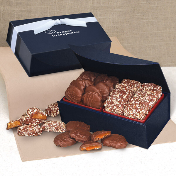English Butter Toffee & Caramel Pecan Clusters in Navy Magnetic Closure Box
