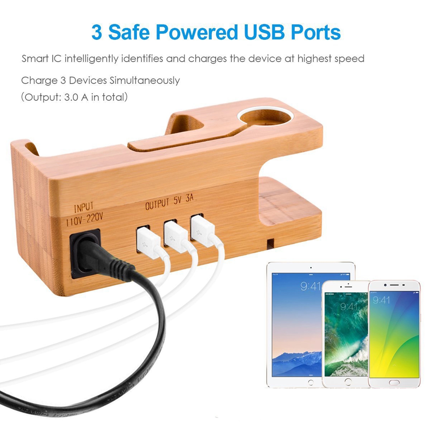 Bamboo Charging Station Desk Organization for Phones Watch 4