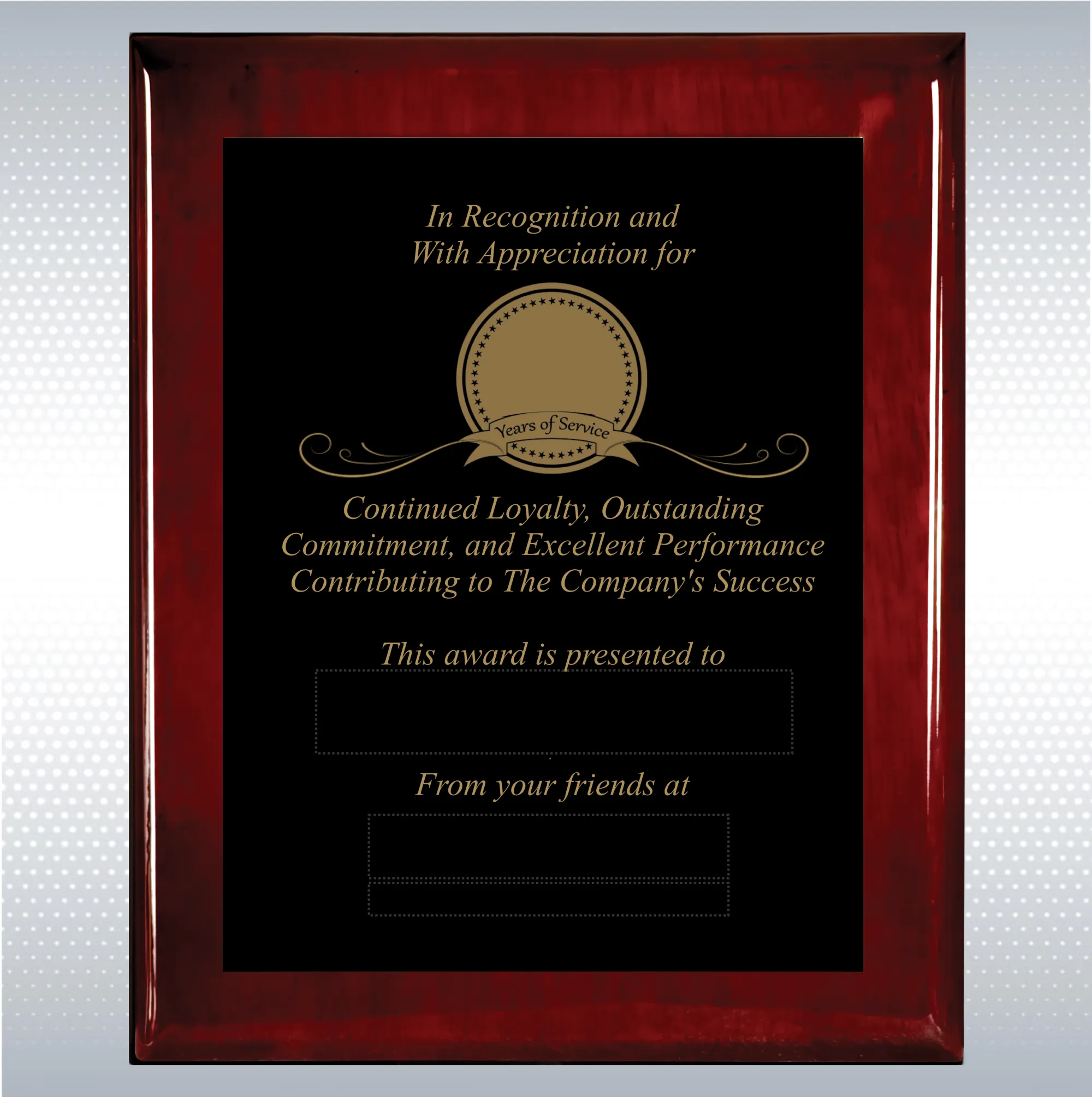 Rosewood Piano Finish Wood Plaque  Years of Service Award 8