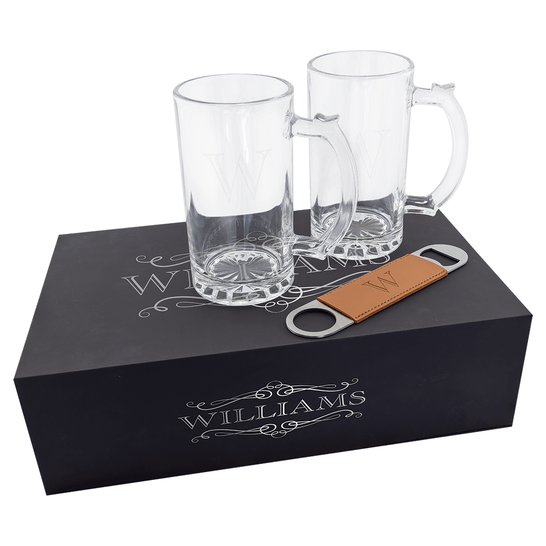 Beer Set with Two 14 oz. Mugs and One Rawhide Laserable Leatherette Bottle Opener 1