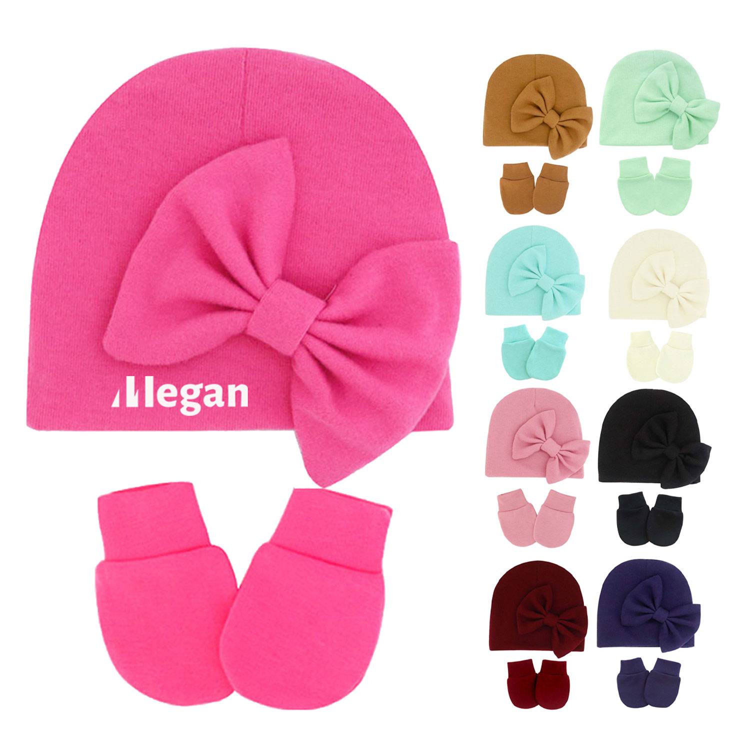 0-6 Months Solid Color Anti Scratch Gloves Bow Baby Hat 1