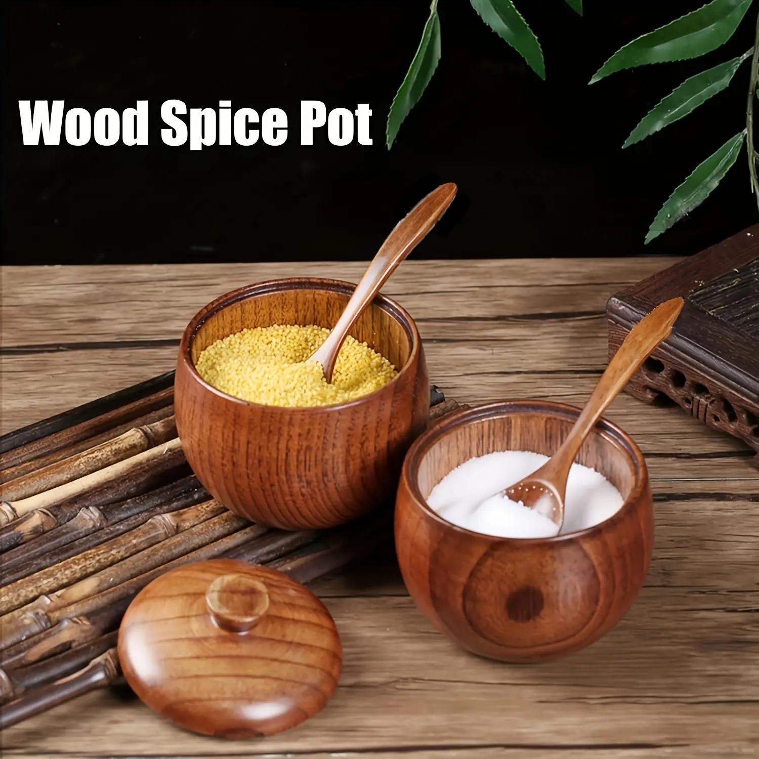 Solid Wood Spice Jar w/ Spoon 5