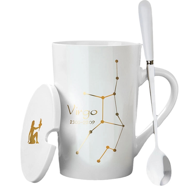 Custom 12 Constellation Ceramic Coffee Mug with lid spoon 2