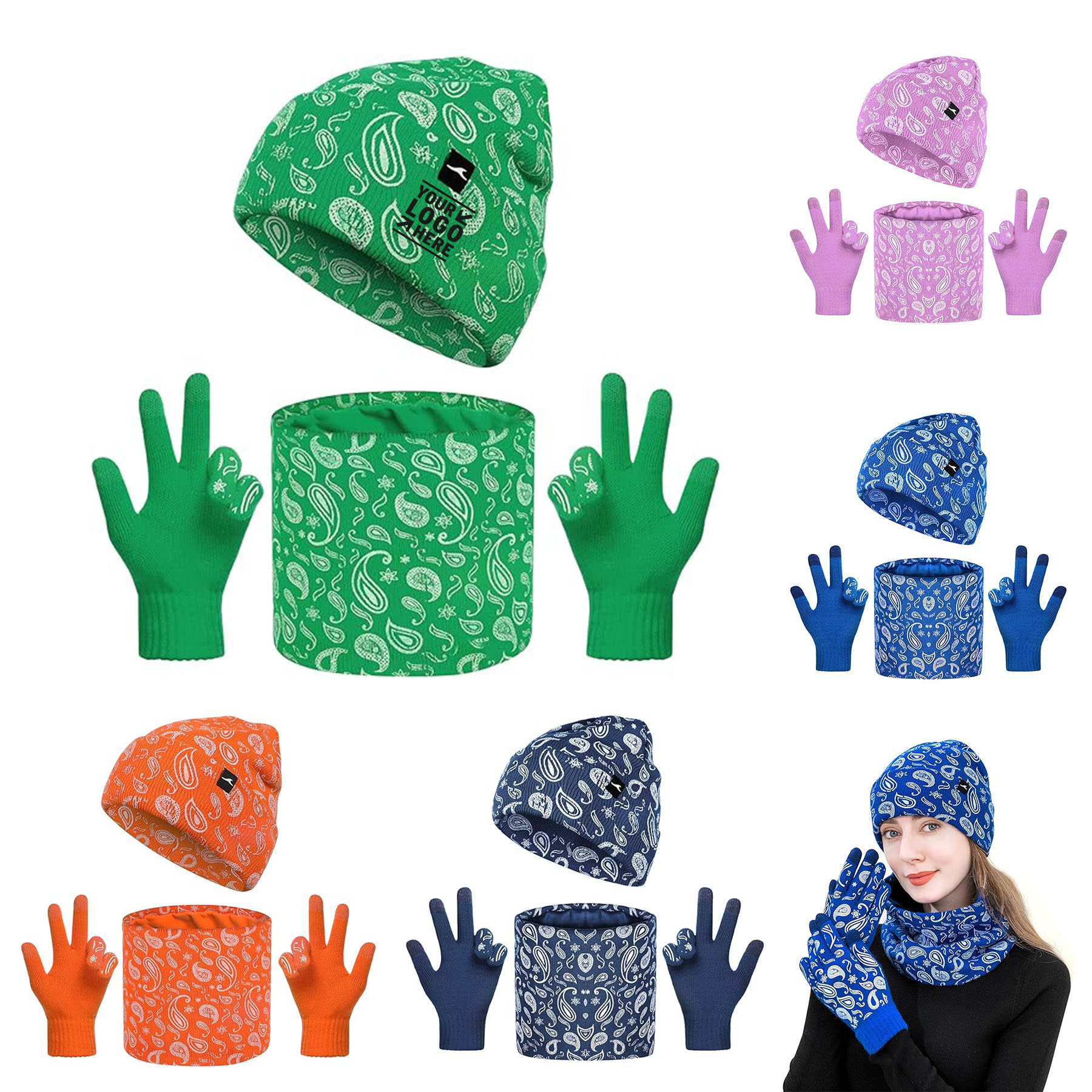 Men Women 3 Pcs Winter Hat Scarf Touchscreen Gloves Neck Warmer Gaiter Set 2