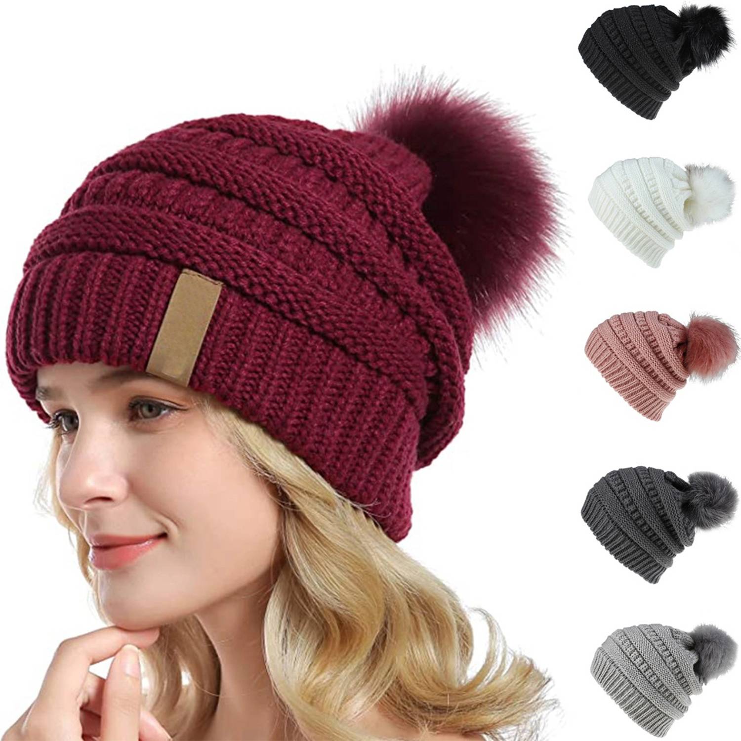 Custom Knitted Multiple Color Blend Pompom Beanie Winter Hat 3