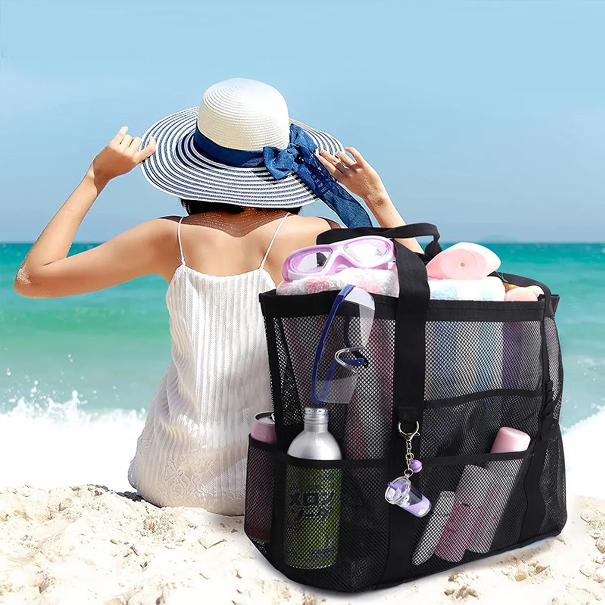 Large Storage Mesh Beach Tote Bags with 7 Pockets, custom tote bag with logo imprint 5