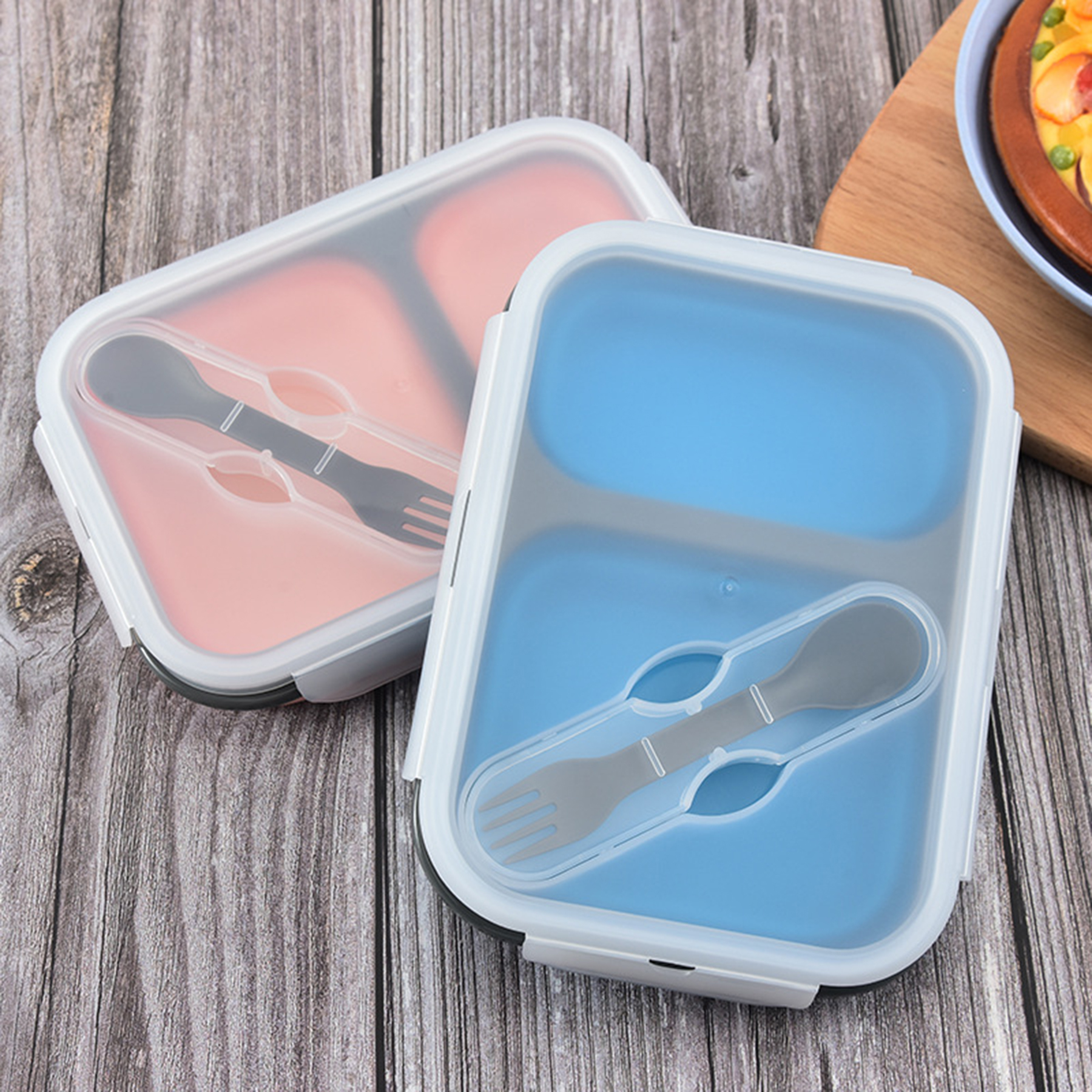 Collapsible Foldable Silicone Lunch Boxes With Fork Spoon 3
