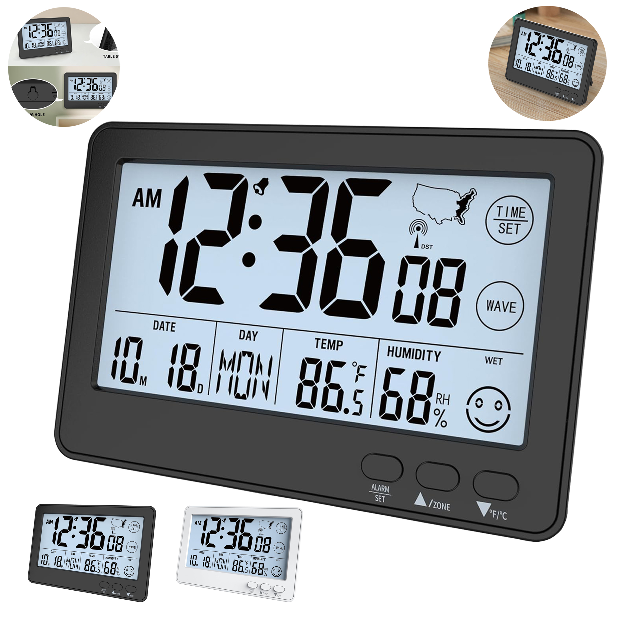Multifunctional Atomic Wall Desk Clock with Auto Time Sync, Temperature Humidity Display, Backlight. 3