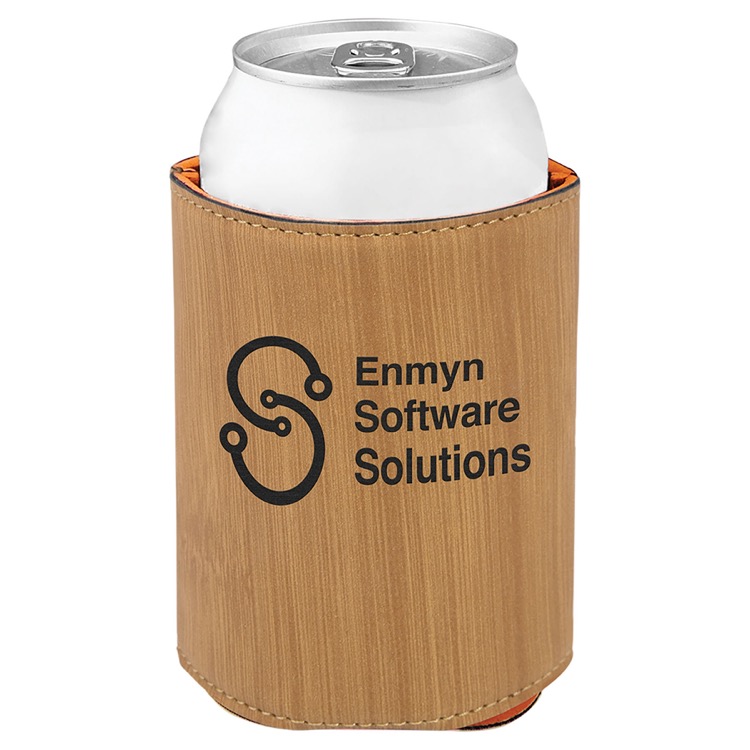 3 3/4" Bamboo Leatherette Beverage Holder, custom koozie with logo imprint 3