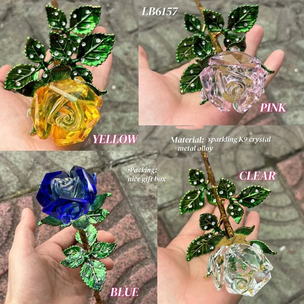 Cut Crystal Rose Flower SET with Stand Romantic Gift for Her 1