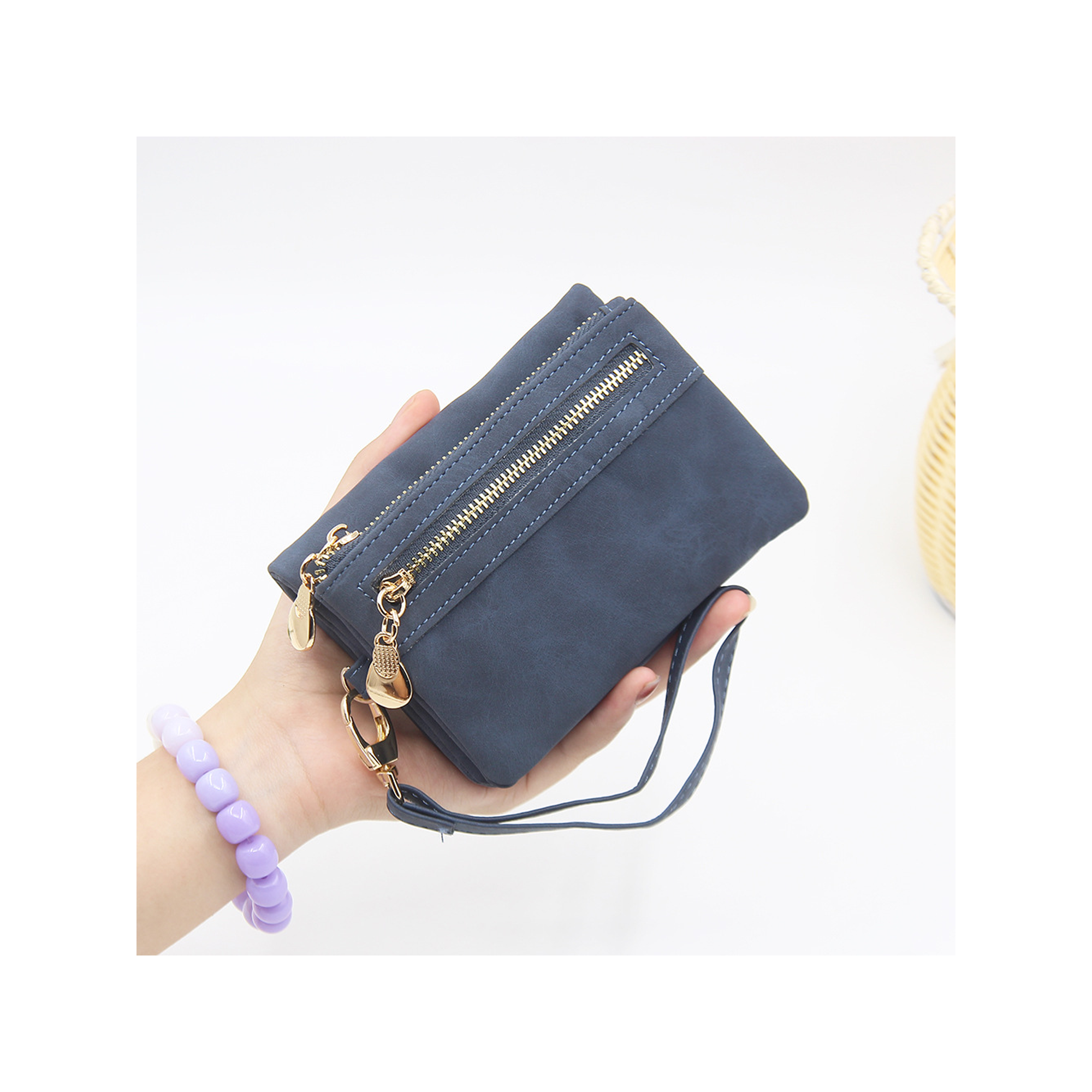 Double zipper frosted PU purse 2