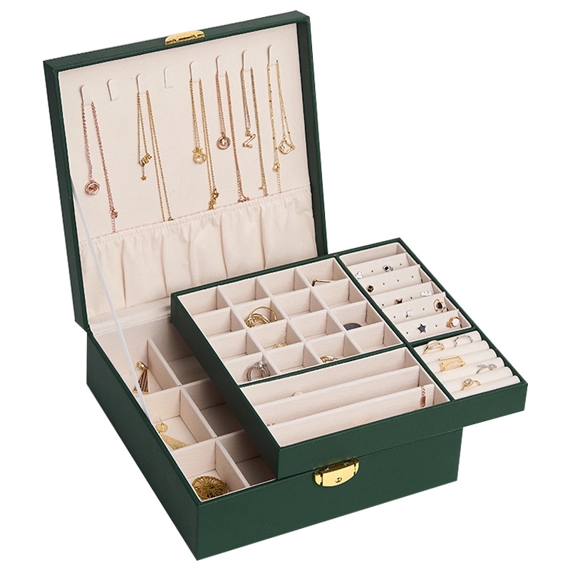 Custom PU Leather 2-Layer Jewelry Organizer Box with Lock 7