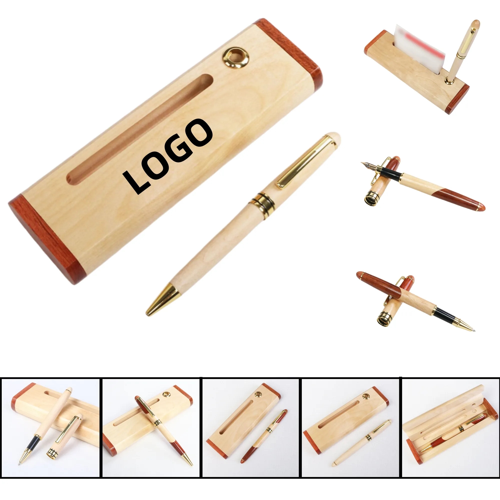Inlaid Wood and Maple Pen & Business Card Holder Set 3
