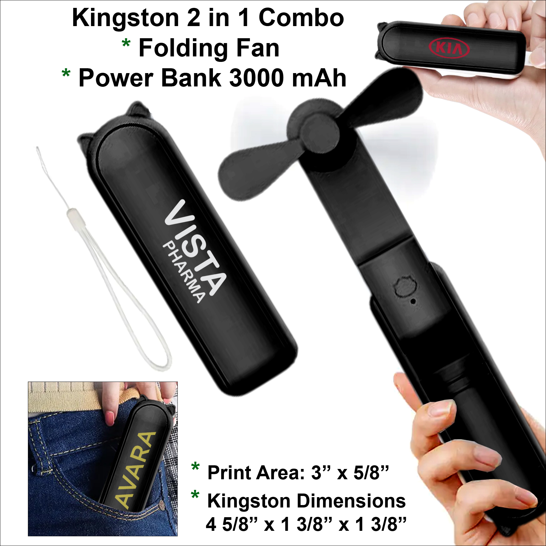 Kingston 2 in 1 Combo Power Bank 3000 mAh and Multi 3 Speed Folding Fan 3
