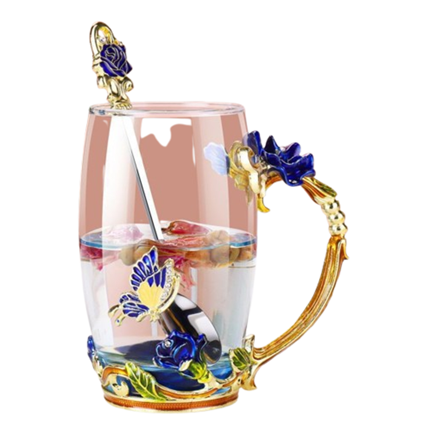 10/11oz Enamel Rose Butterfly Glass Mug Tea Cup w/ Spoon 7