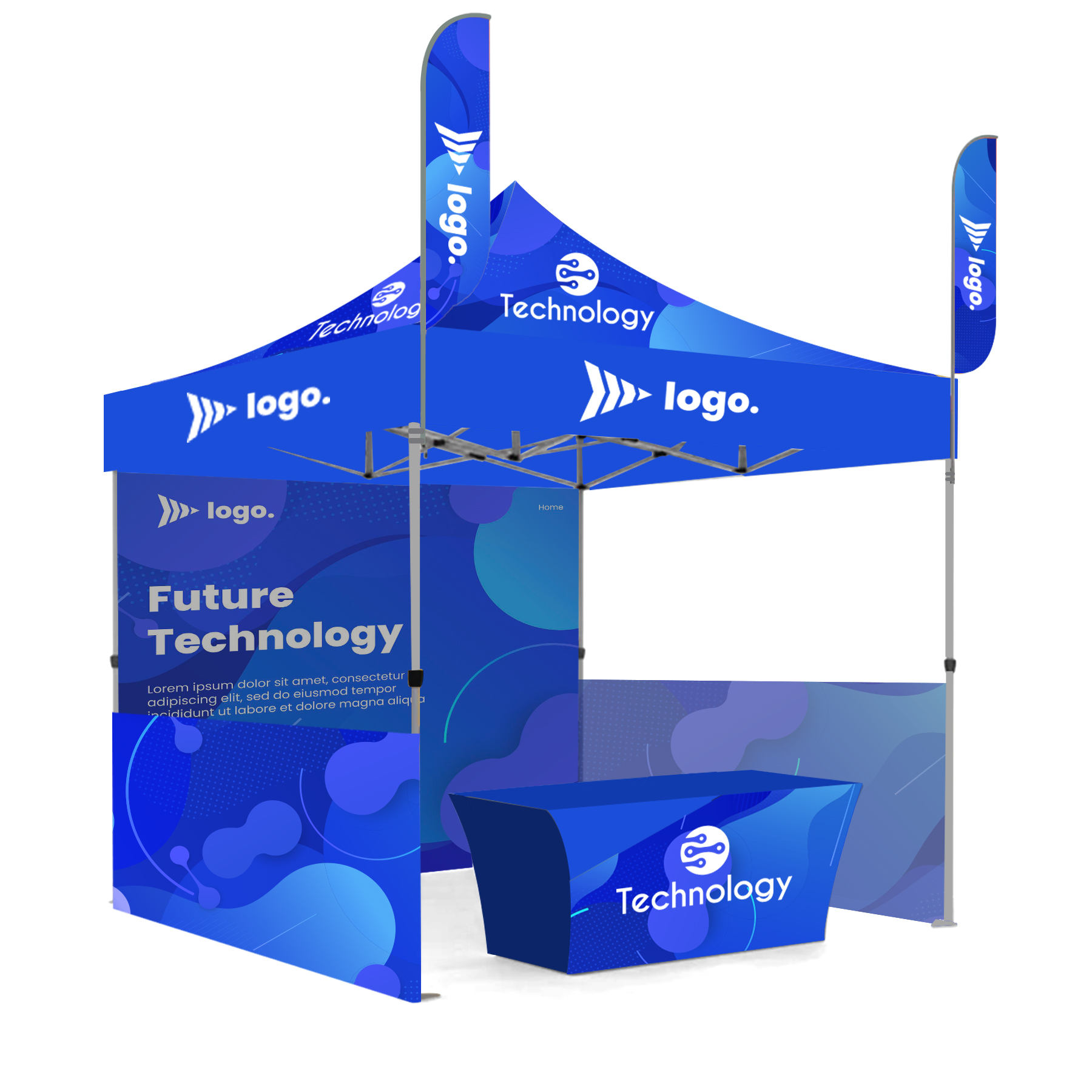 10' X 10' Premium Hex Aluminum Frame, Dye Sub Canopy, 3 Walls, Two 9' Feather Flags & 6' Table Cover 6
