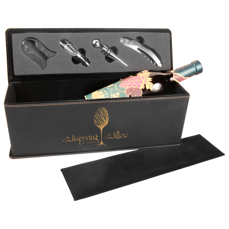 Black/Gold Leatherette Single Wine Box with Tools 2